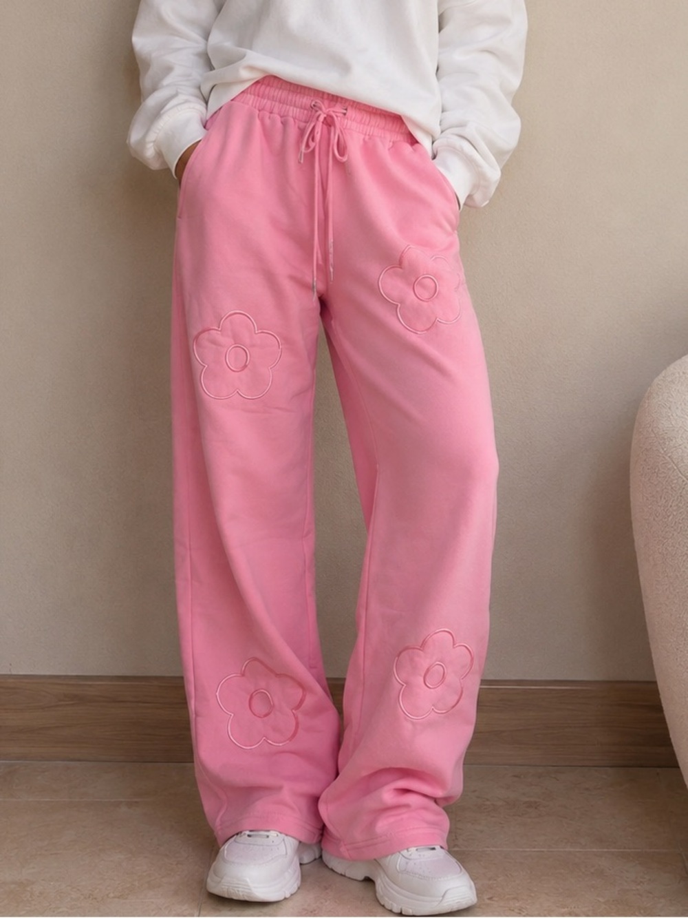 Wide Leg Pink Floral Appliqué Sweatpants
